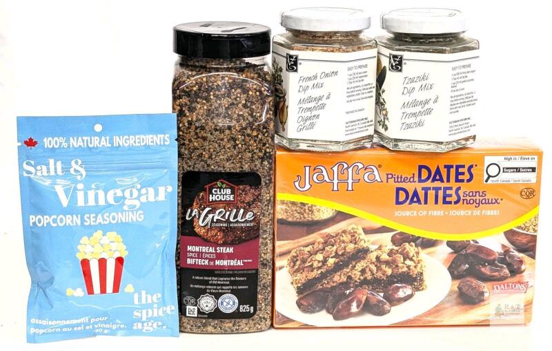 2 New Victorian Epicure Dip Mixes, Popcorn Seasoning, Club House Montreal Streak Spice & Jaffa Pitted Dates - Uo To 825g
