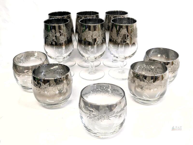 6 Vintage Luminarc Silver Fade Ombr&eacute; Wine Glasses Leaf Design Made In France & 5 Queen Vitreon Roly Poly Glasses - No Chips or Cracks