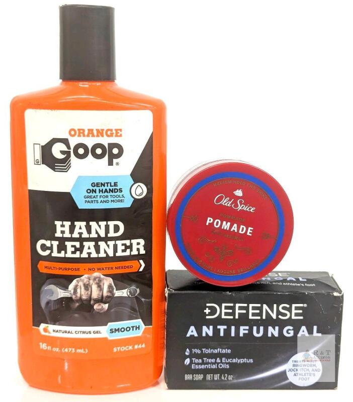 Goop Hand Cleaner 16oz, Old Spice Pomade, Defense Antifungal Soap 4.2oz&ndash;Personal Care Set Note: Online returns. Volumes may be lower than listed DEFENSE BAR SEALED<br/>