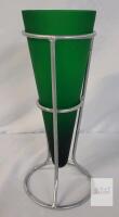 Green Frosted Cone Glass Vase with Silver Metal Stand, 12" Tall, Modern Tabletop Centerpiece