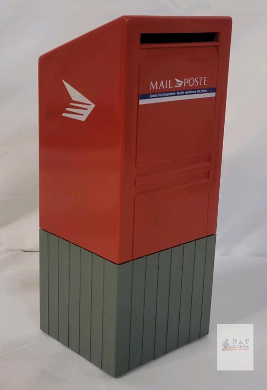Canada Post Mailbox Coin Bank, Plastic, 8&rdquo; Tall, Red & Grey, Twist-Off Base, Collectible Souvenir
