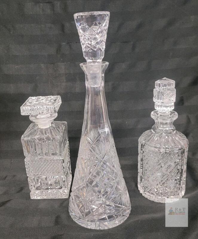 Set of 3 Cut Crystal Decanters, 14.5", 11.25", 10.25" Tall, Stoppered, Whiskey/Wine Spirits