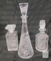 Set of 3 Cut Crystal Decanters, 14.5", 11.25", 10.25" Tall, Stoppered, Whiskey/Wine Spirits