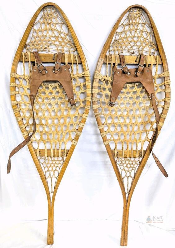 Vintage 41" Wooden Beavertail Snowshoes with Rawhide Lacing & Leather Bindings in very good cosmetic condition.