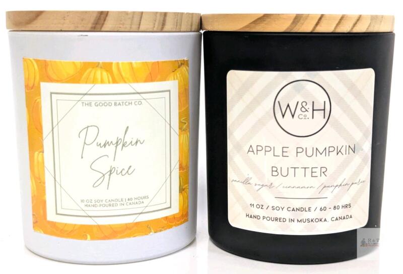 The Good Batch Co. Pumpkin Spice & W&H Apple Pumpkin Butter 10&ndash;11oz Soy Candles, Wood Lids, Unused