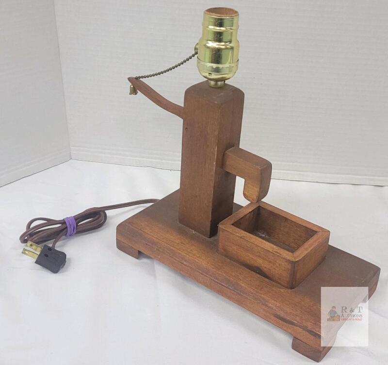 Working Handcrafted Wooden Table Lamp with Pull Chain and Utility Tray, 10.75" Tall, Mid-Century Style