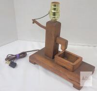 Working Handcrafted Wooden Table Lamp with Pull Chain and Utility Tray, 10.75" Tall, Mid-Century Style