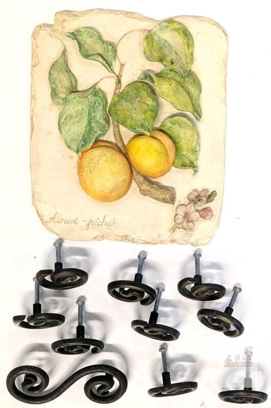 Hen-Feathers "Abricot-p&ecirc;che" Botanical Wall Plaque & 8 Spiral Wrought Iron Drawer Pulls Set