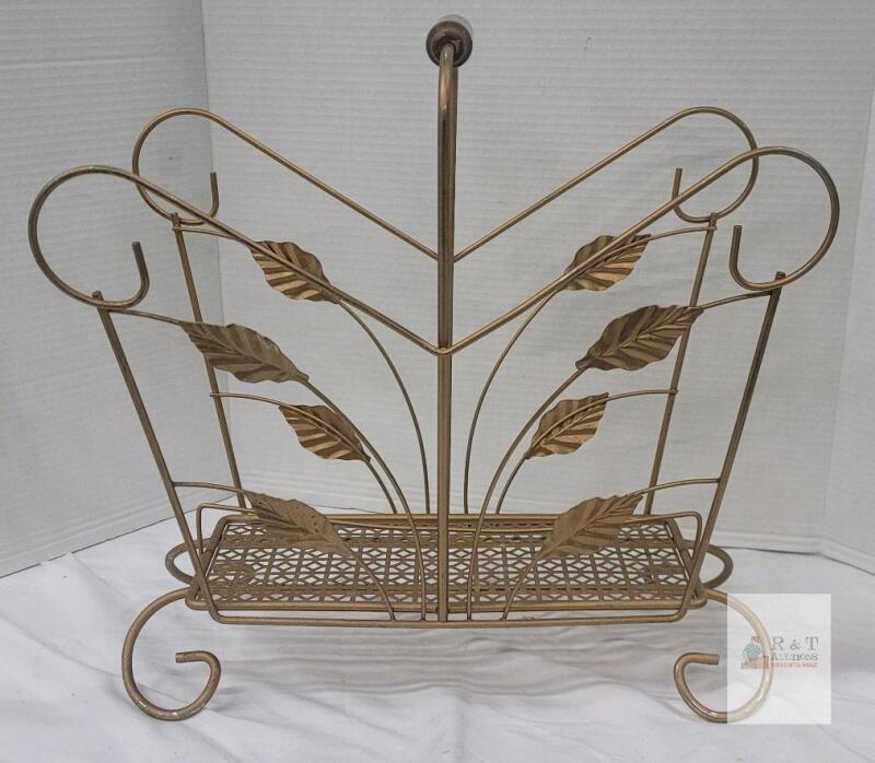 Vintage Gold Metal Magazine Rack with Leaf Motif and Wooden Handle, 16" x 7" x 17.5"