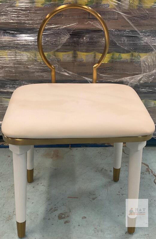 NEW Gold Ring Back Vanity Accent Chair, Upholstered Seat, White & Gold Legs, Circular Backrest
