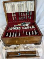 Flatware with Ornate Floral Handles & Wooden Storage Chest: Some silver plate, mostly stainless