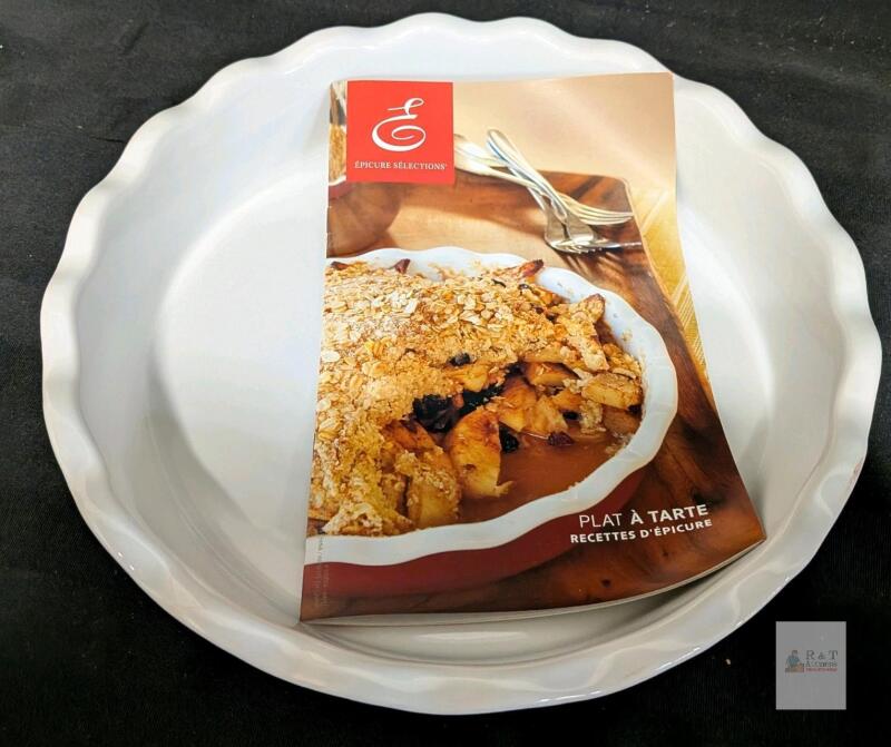 Epicure Selections White Ceramic Fluted Pie/Tart Dish, 10.5" Diameter, Includes Recipe Booklet