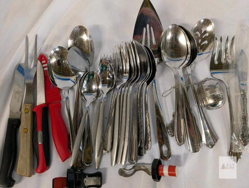Assorted Stainless Steel Flatware & Utensil Set with Knives, Wine Stopper, Tea Infuser
