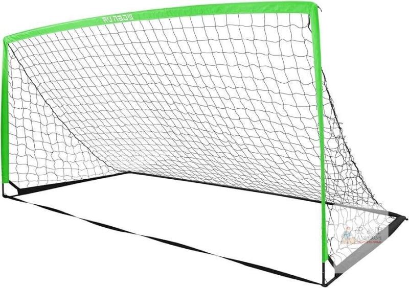 NEW Runbow Portable Soccer Goal 8x5 ft Steel Frame, Carry Bag, Stakes, Easy Setup, Green/Black Size unclear. Stock photo added.