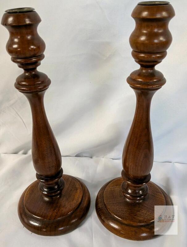 Pair of 11" Traditional Turned Wooden Candlestick Holders, Felt Base, Brass Inserts