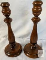 Pair of 11" Traditional Turned Wooden Candlestick Holders, Felt Base, Brass Inserts