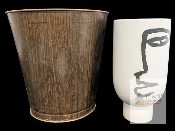 Steel 8-Gallon GW Metal Wastebasket Woodgrain K6003 & HM Home Ceramic Face Vase 9.25" No chips or cracks.