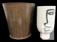 Steel 8-Gallon GW Metal Wastebasket Woodgrain K6003 & HM Home Ceramic Face Vase 9.25" No chips or cracks.