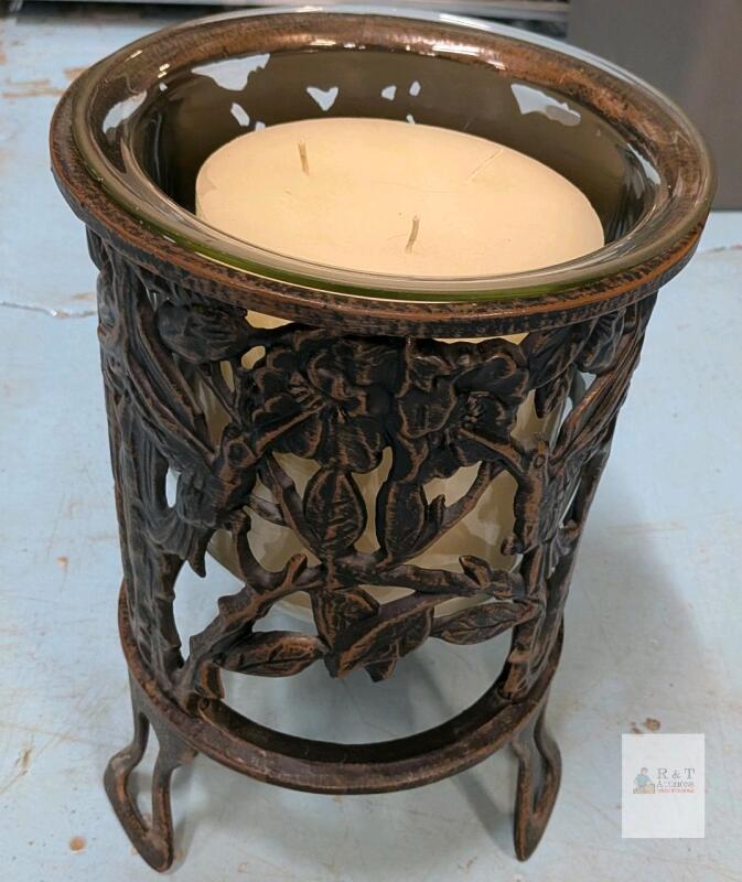 Antique-Style Floral Metal Candle Holder with Glass Insert & Large 3-Wick Pillar Candle, 9.5"x8"