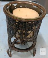Antique-Style Floral Metal Candle Holder with Glass Insert & Large 3-Wick Pillar Candle, 9.5"x8"
