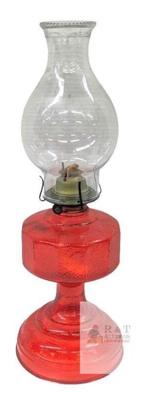 Red Pressed Glass Oil Lamp, 15.5&rdquo; Tall, Embossed Scroll Base, Clear Bulge Chimney, Vintage Style No chips or cracks. Some flaking to red