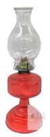 Red Pressed Glass Oil Lamp, 15.5&rdquo; Tall, Embossed Scroll Base, Clear Bulge Chimney, Vintage Style No chips or cracks. Some flaking to red