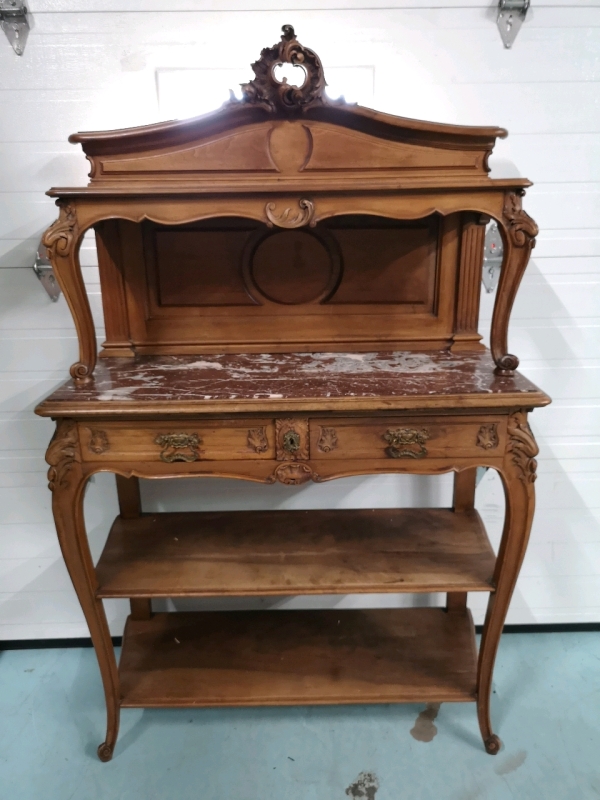 Vintage French Wood Buffet with Mable Top , 44"W&times;70"H&times;18"D