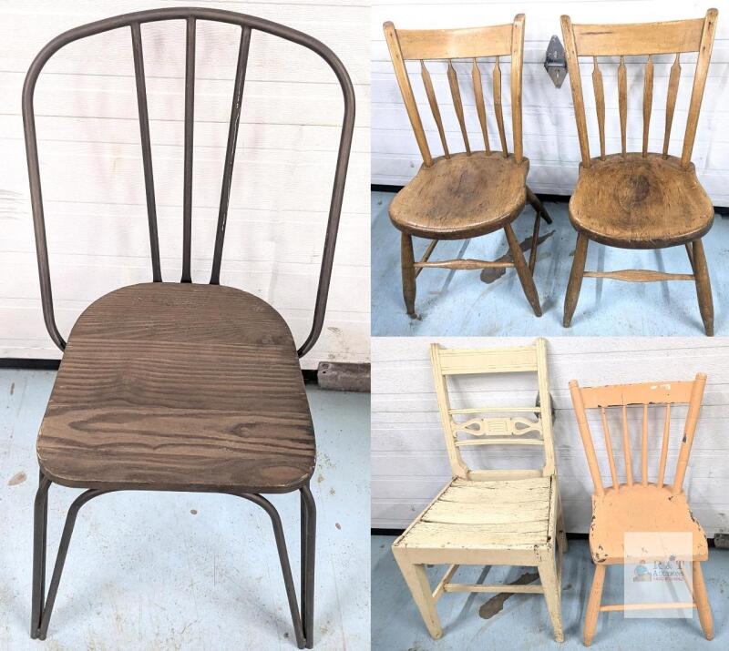 Lot of 5 Vintage Mixed Wood & Metal Dining/Side Chairs &ndash; Spindle Back, Industrial, Rustic Decor Backs up to 36" Tall