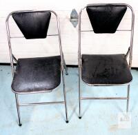 Vintage 37" unfolded . Coey Metal Products Folding Chairs, Pair, Black Vinyl, Chrome Frame, Vintage Ontario Canada, Reg# 67B1475