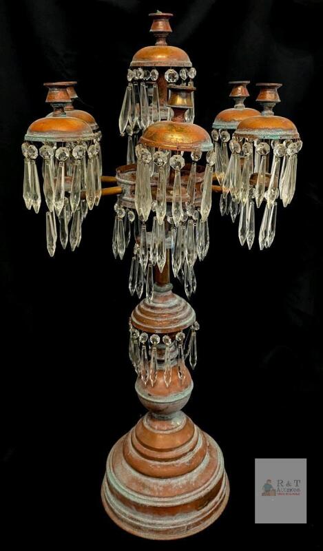 Antique Brass & Crystal 7-Light Candelabra, 34.25" Tall, Victorian-Style, Ornate Prisms, Patina<br/>missing Stone crystal pendalogues, crack in metal (pictured)
