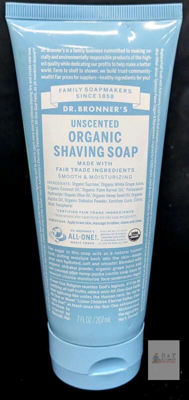 Dr. Bronner&rsquo;s Unscented Organic Shaving Soap, Tube, 7 fl oz, USDA Organic, Fair Trade Note: Online returns. Volumes may be lower than listed (feels pretty full)