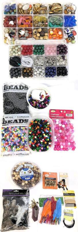 Assorted Beads (Incl Pony Beads), Feathers & Jewelry-Making Supplies