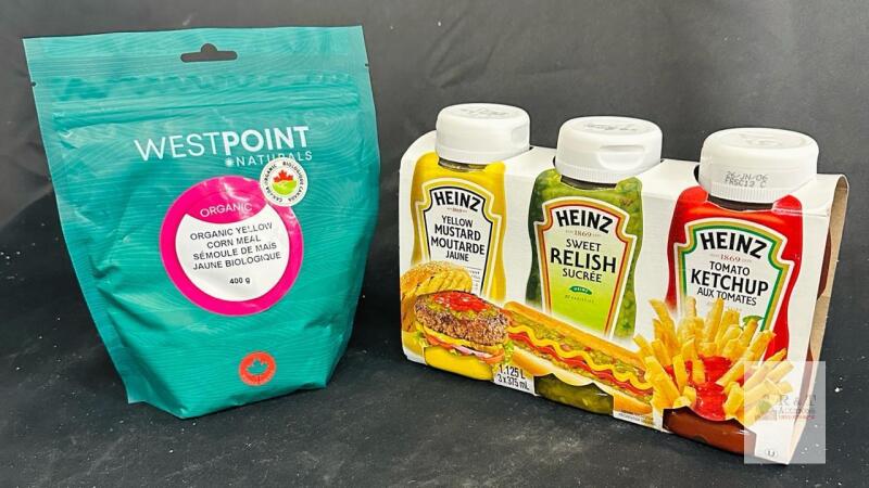 BB NOV 26 Heinz Trio: Yellow Mustard, Sweet Relish, Tomato Ketchup (3x375ml) & Westpoint Organic Corn Meal 400g BB JUN 26