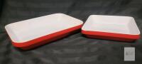 Emile Henry France Red Baking Dish &ndash; Rectangular 13"x9" & Square 8"x8", Enameled Stoneware ,made in France, one visible chip on corner of smaller dish.
