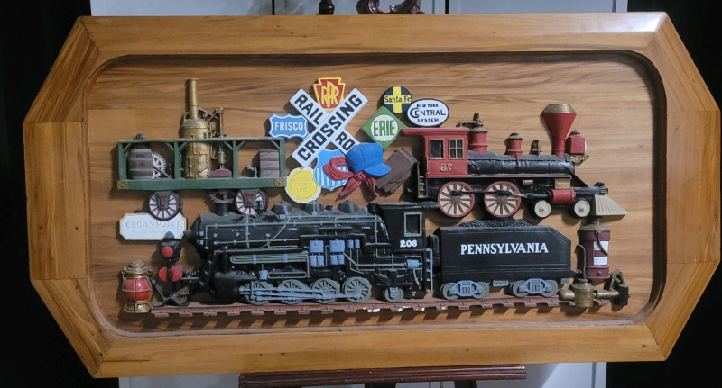 Railroad Plaster Collage on Wood Framed Wall Hanging , 50"&times;30"