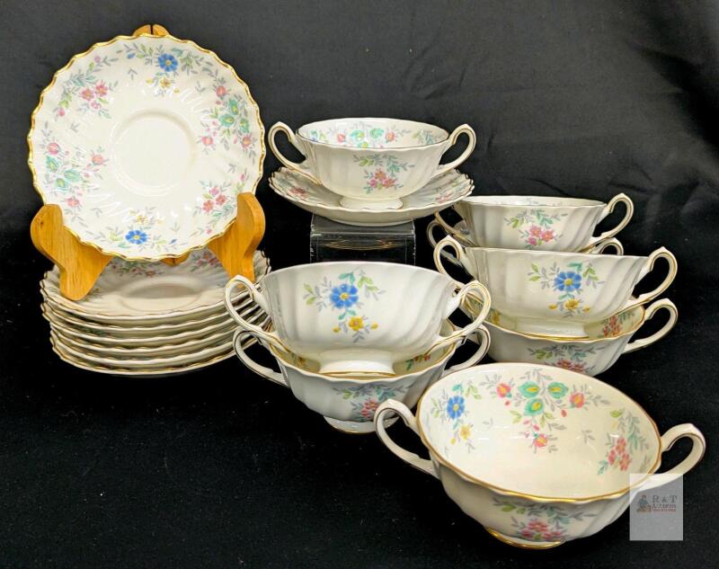 Vintage Royal Doulton Pastoral Pattern - 8&times; Double Handled Cream Soup Bowls & 8&times; Saucers - No Chips or Cracks, All Ring, One Cup Rattles Slightly