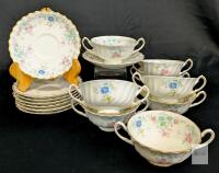 Vintage Royal Doulton Pastoral Pattern - 8&times; Double Handled Cream Soup Bowls & 8&times; Saucers - No Chips or Cracks, All Ring, One Cup Rattles Slightly