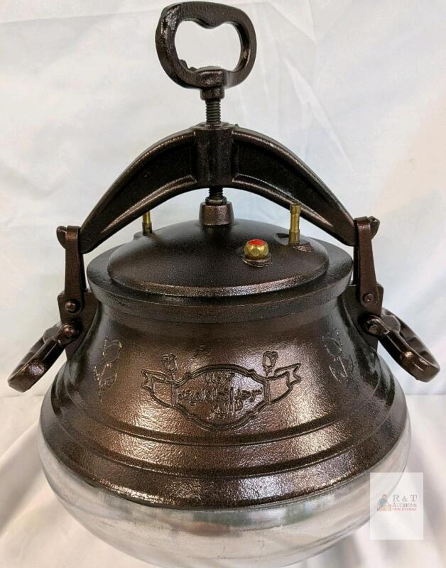 Traditional Cast Iron Pressure Cooker, Estimated 7-10 Qt, Ornate Engraving, Screw-Down Lid