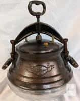 Traditional Cast Iron Pressure Cooker, Estimated 7-10 Qt, Ornate Engraving, Screw-Down Lid