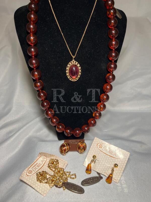 D&rsquo;ORLAN Amber Glass Necklace Lucite Bauble Earrings & Rhinestones