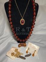 D&rsquo;ORLAN Amber Glass Necklace Lucite Bauble Earrings & Rhinestones