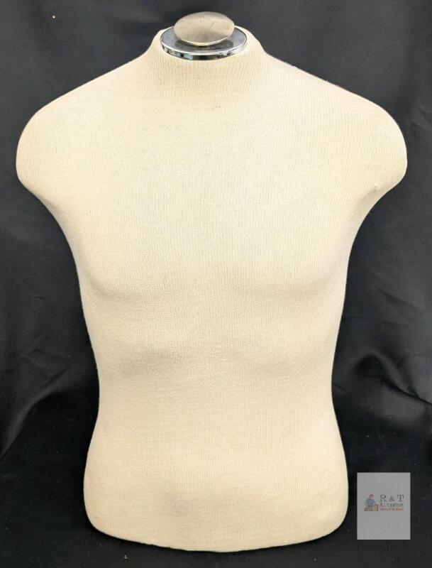 Male Torso Dress Form, 24" Height, Off-White Canvas, Chrome Neck Cap, Tabletop Mount