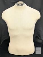 Male Torso Dress Form, 24" Height, Off-White Canvas, Chrome Neck Cap, Tabletop Mount