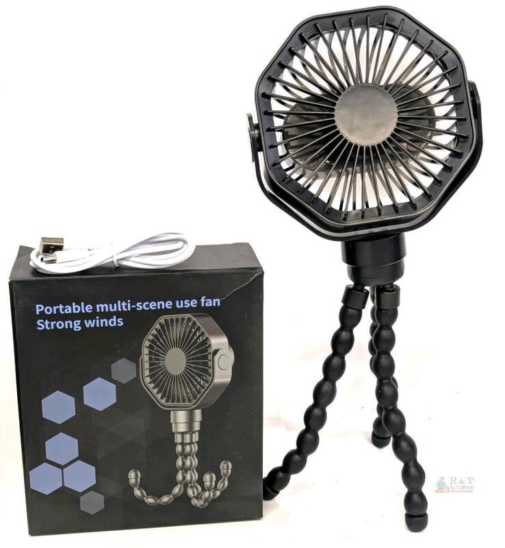 New Black Mini Fan With Flexible Octopus Tripod for Car Seat, Student Bed, Bike - USB Rechargeable, Desk Fan for Office, Baby Room or Outdoor