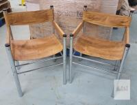 Vintage Tubular Steel & Leather Sling Chairs, Director Style, Tan, Pair, Seat Height 17.5"