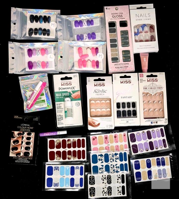 Assorted New Size SM-LG Acrylic Nails, Nail Stickers+ More