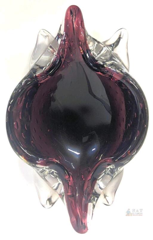 Murano Sommerso Bullicante Art Glass Bowl, Deep Amethyst, Freeform, 10.5"x8.5", Italy No chips or cracks.