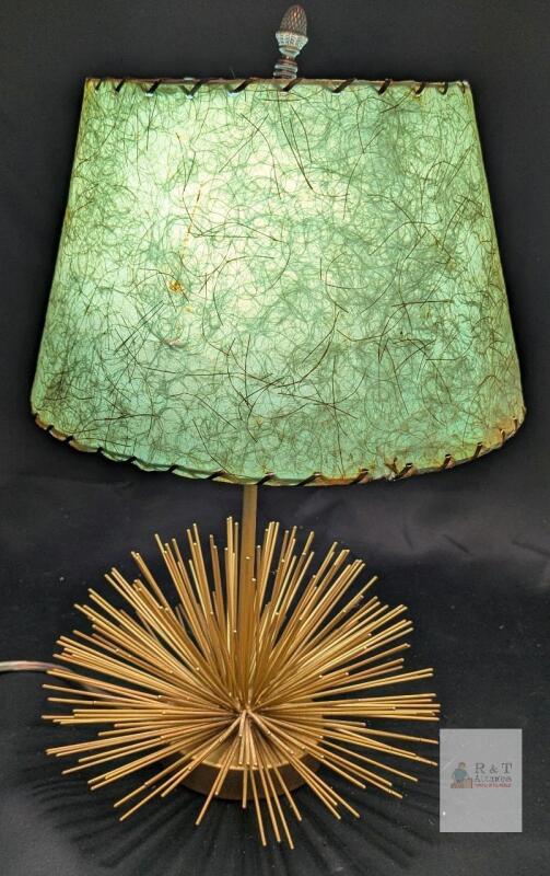 Mid-Century Modern Sputnik Table Lamp, Fiberglass Shade, 17" Tall, Brass Finish, E26 Socket Note: shade not original to lamp, does not fit fully. Found crack + hole in shade. With lightbulb. Tested for power