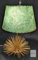 Mid-Century Modern Sputnik Table Lamp, Fiberglass Shade, 17" Tall, Brass Finish, E26 Socket Note: shade not original to lamp, does not fit fully. Found crack + hole in shade. With lightbulb. Tested for power