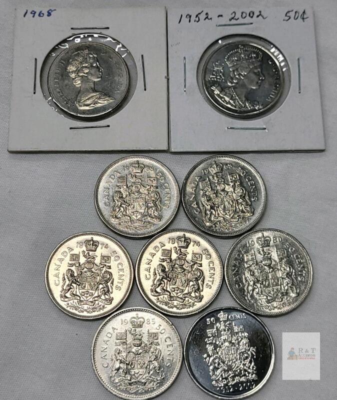 1968 - 2002 Canadian 50 Cent Half Dollar Coins . 1968 &times;3 , 1974 &times;2 , 1980 , 1985 , 2002 &times;2 . Nine (9) Coins